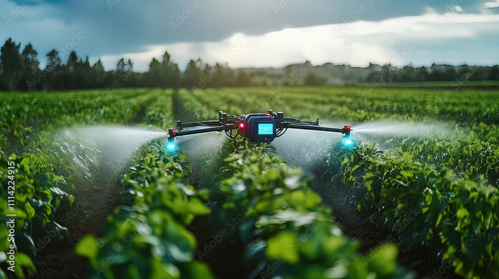 Obraz premium Drone spraying crops in a vast agricultural field at sunset.