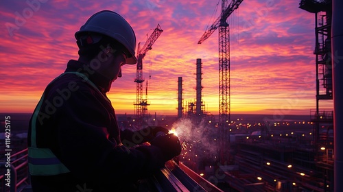 Worker welding at sunset industrial site construction