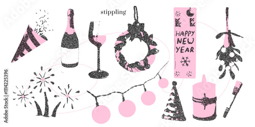 Festive vintage New Year set with wreath, mistletoe, party hat, fireworks with a halftone effect, stipple texture. Vector grunge elements for gifts card, collages.