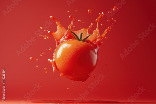 A tomato is splashing water and is surrounded by red. The tomato is the main focus of the image