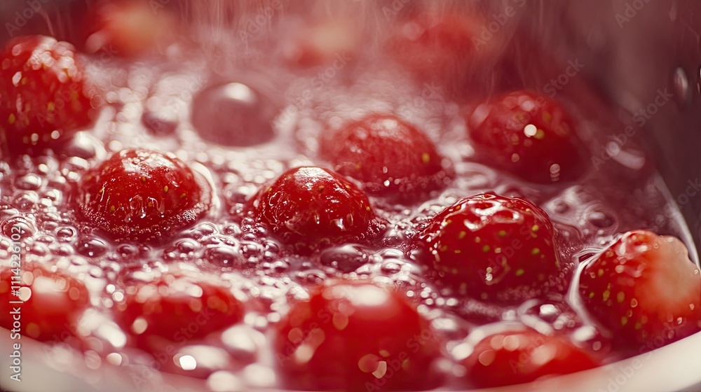 A close-up of the bubbling surface of strawberry jam cooking in a shiny steel pot A close-up of the bubbling surface of strawberry jam cooking in a shiny steel pot