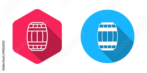Filled and outline Wooden barrel icon isolated with long shadow background. Alcohol barrel, drink container, wooden keg for beer, whiskey, wine. Vector