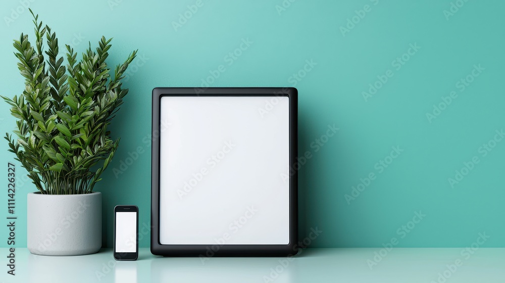 3D Rendering Register Concept, Minimalist 3D Rendering of a Blank Frame and Smartphone Against a Clean Colorful Background with Plants