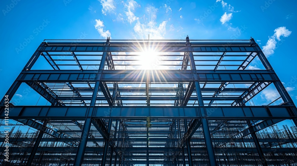 Steel Structure Building Under Construction Sunny Day Steel Structure Building Under Construction Sunny Day