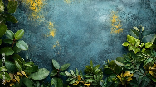 Green foliage and plants arranged artistically on a textured background in shades of blue and yellow, creating a vibrant and fresh atmosphere