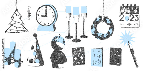 Vintage New Year Eve disco party retro graphic set. Trendy Christmas halftone photocopy stipple effect elements set. Clock, cards, fireworks, champagne, party hat. Modern vector illustration