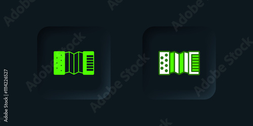 Green Musical instrument accordion icon isolated on black background. Classical bayan, harmonic. Black square button. Vector
