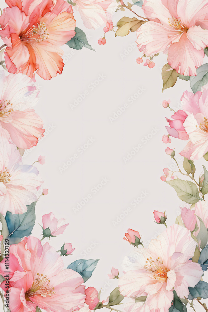 An illustration of a floral border featuring pink and peach flowers with green leaves, artistically designed to frame a blank space for creative use in invitations or decor. An illustration of a floral border featuring pink and peach flowers with green leaves, artistically designed to frame a blank space for creative use in invitations or decor.