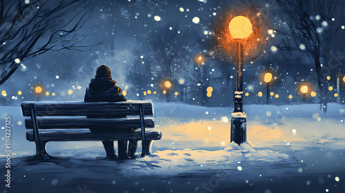 Long winter nights in cold weather, contemplating themes of introspection and seasonal change. Solitude. Illustration photo