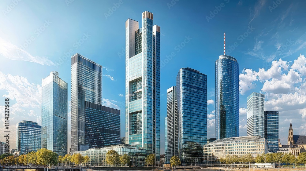 Obraz premium Modern skyline filled with high-rise office buildings towering against a clear blue sky.