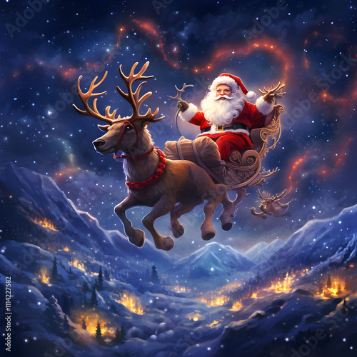 Fully Bright Santa Claus Flying Across the Star