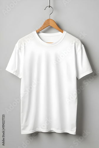 Realistic White T-Shirt Mockup on Wooden Hanger