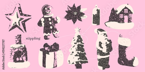 Christmas stippling elements set with gift box, xmas tree, stocking, gingerbread, star, candle. Design with retro aesthetic, photocopy effects for grunge punk grain dotted collage art design. Vector