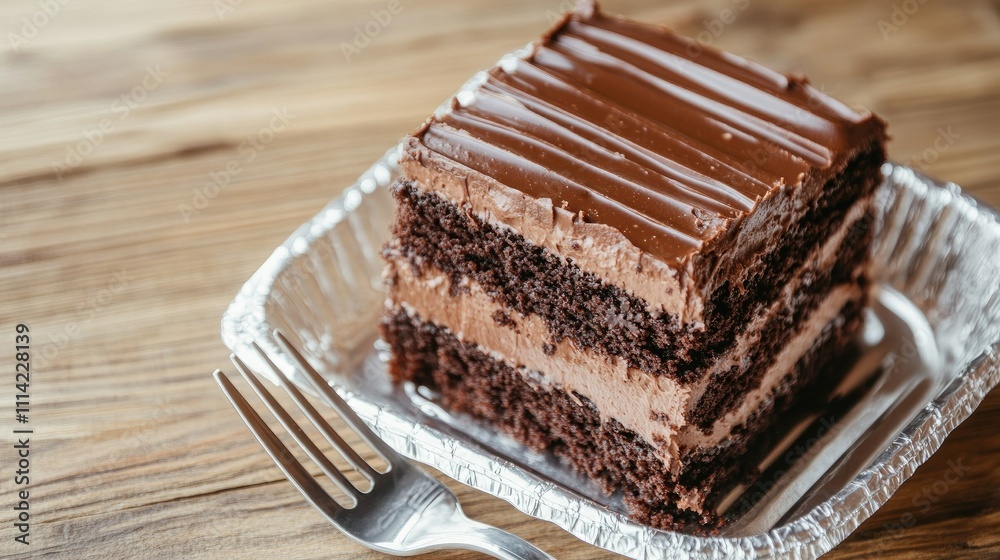 A disposable Styrofoam container with a slice of chocolate cake and a fork A disposable Styrofoam container with a slice of chocolate cake and a fork