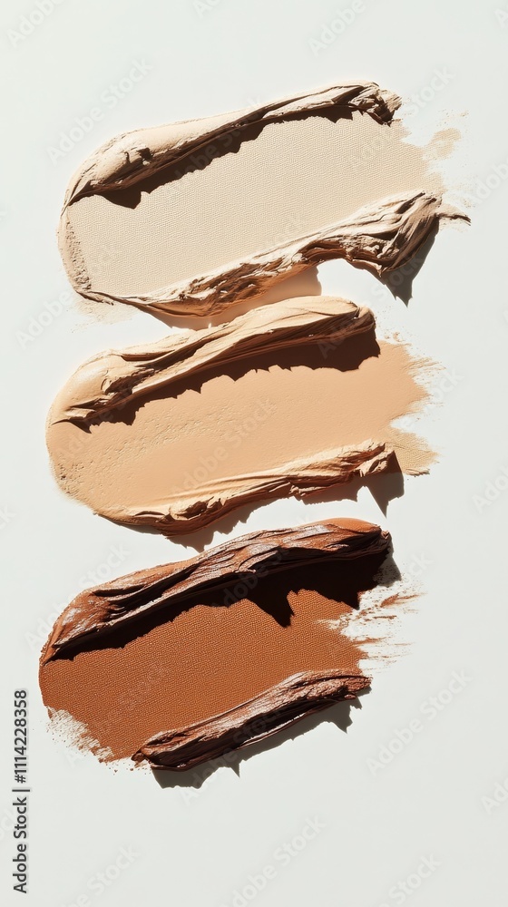 Diverse makeup foundation swatches on clean surface displaying various shades Diverse makeup foundation swatches on clean surface displaying various shades
