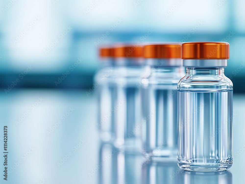Vials with orange caps on reflective lab table, symbolizing drug development in clinical trials Vials with orange caps on reflective lab table, symbolizing drug development in clinical trials