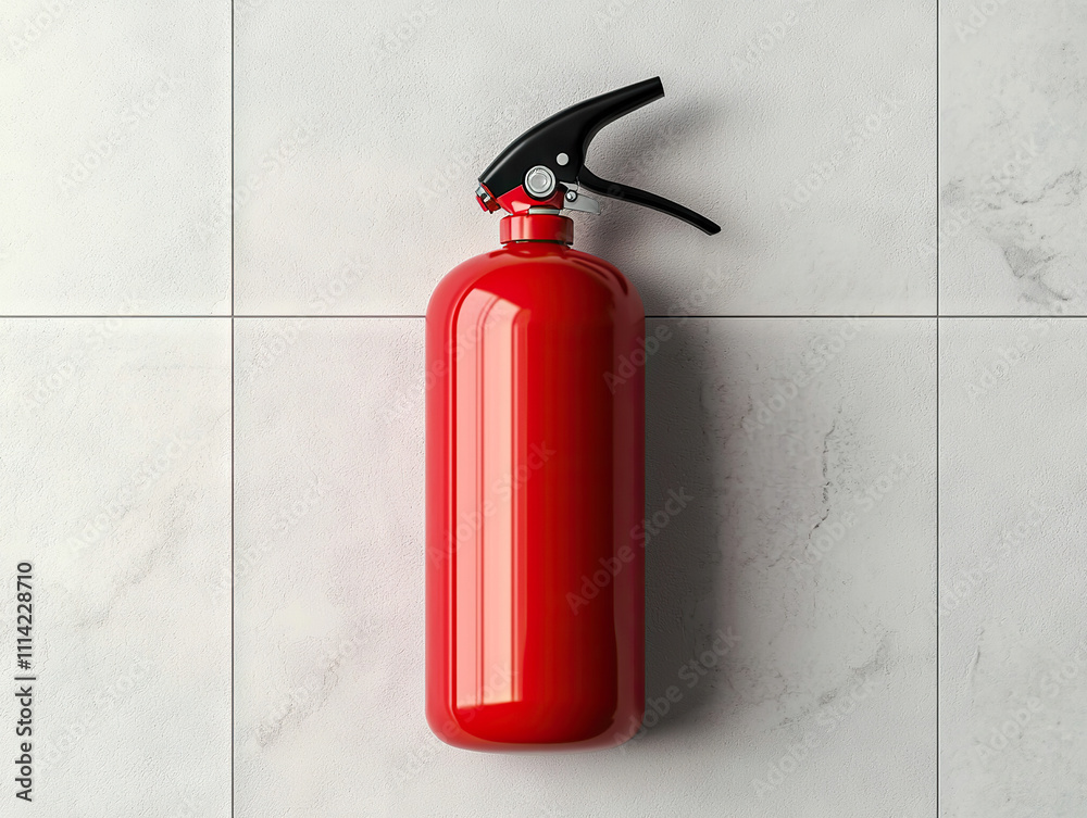 Obraz premium Red fire extinguisher mounted on white tiled wall, emphasizing safety and preparedness