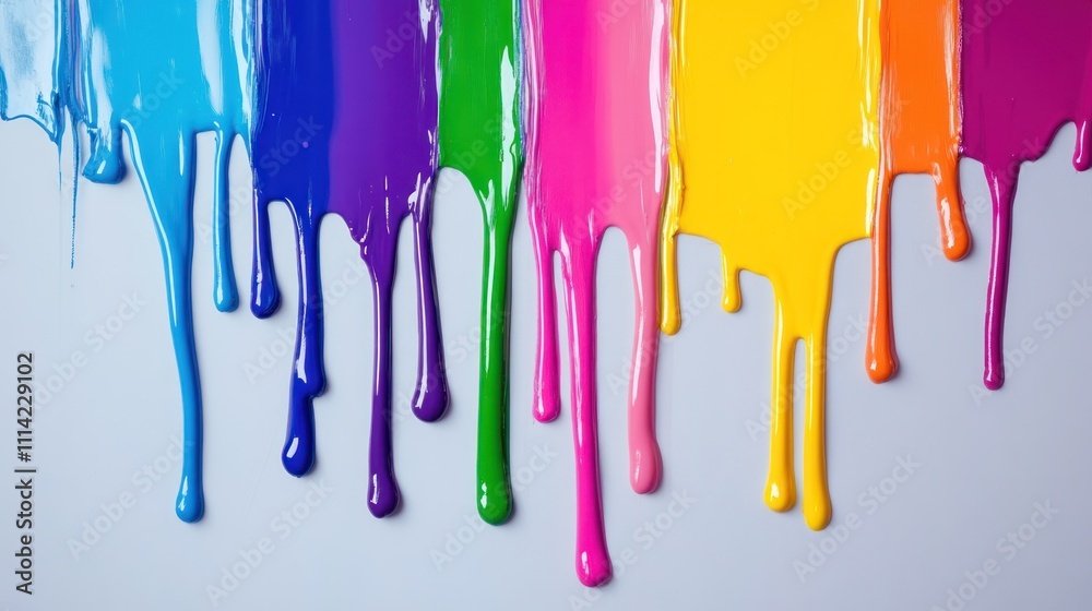 Fototapeta premium Vibrant rainbow paint dripping down a gray background.