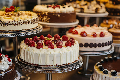 View of various assortment of cakes on the stand in the bakery,