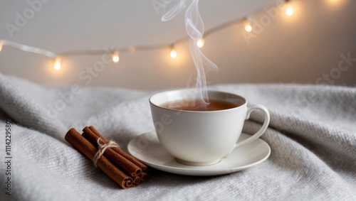 A cozy cup of steaming tea rests beside rolled cinnamon sticks on a soft gray blanket with twinkling lights in the background. photo