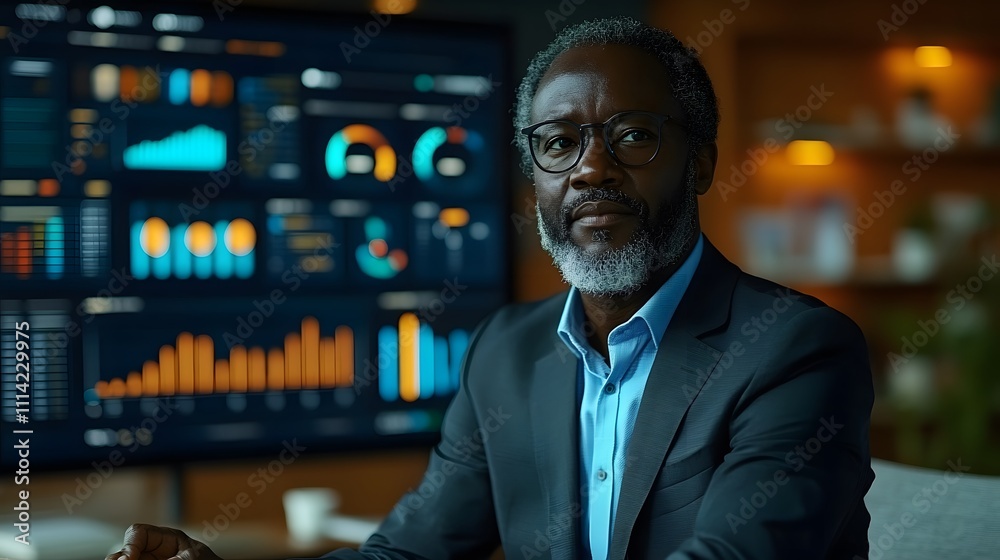A confident business leader delivering a summary presentation with a large digital screen displaying key metrics A confident business leader delivering a summary presentation with a large digital screen displaying key metrics
