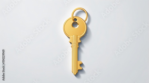 Golden Key With Circular Ring On White Background