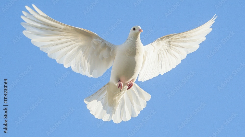 A white dove soaring through a clear blue sky, wings spread wide and feathers glowing in the sunlight A white dove soaring through a clear blue sky, wings spread wide and feathers glowing in the sunlight