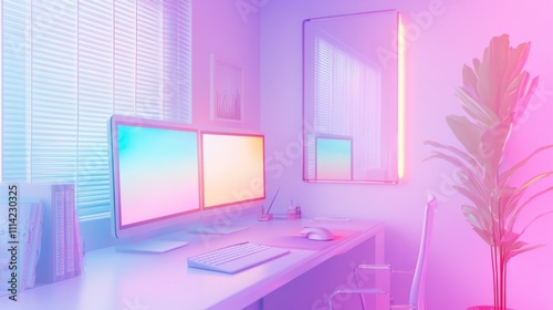 Home office room in pastel violet pink color aesthetic during the day photo