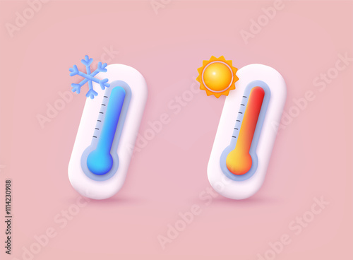 Thermometer with red and blue scale, climate control, weather change. Ecology concept. 3D Vector Illustrations.