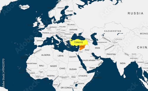 Obraz w ramie World Map Highlighting syria and turkey in Color