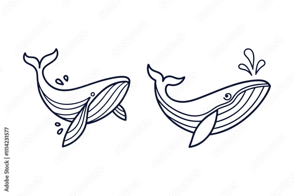 Set of whale silhouette vector clip art illustration transparent white background