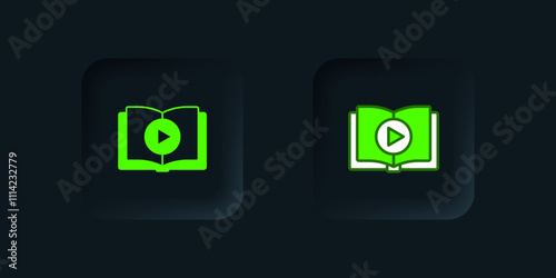 Green Audio book icon isolated on black background. Play button and book. Audio guide sign. Online learning concept. Black square button. Vector