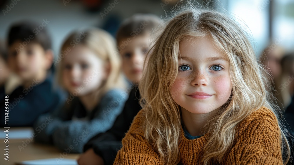 A young girl with wavy hair smiles in a classroom filled with attentive classmates. A young girl with wavy hair smiles in a classroom filled with attentive classmates.