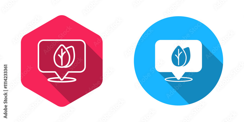 Filled and outline Location pin with leaf inside icon isolated with long shadow background. Leaves sign. Fresh natural product symbol. Vector Filled and outline Location pin with leaf inside icon isolated with long shadow background. Leaves sign. Fresh natural product symbol. Vector