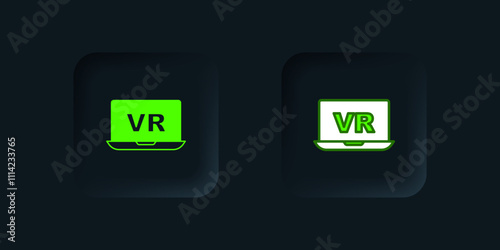 Green Virtual reality icon isolated on black background. Futuristic VR head-up display design. Black square button. Vector