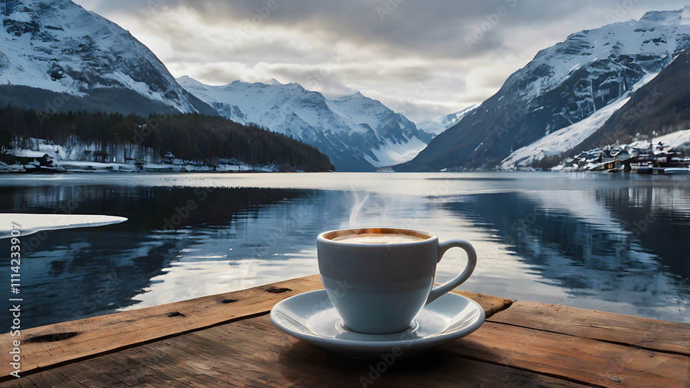 Sipping Coffee Amid Snow-Capped Mountains and Clear Waters Sipping Coffee Amid Snow-Capped Mountains and Clear Waters