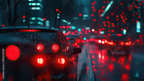 Fototapeta Naklejka Na Ścianę i Meble -  A row of red glowing taillights in dense evening traffic on a city highway