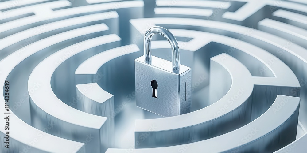 Security lock with maze concept. A padlock sits at the center of a metallic maze, symbolizing security and challenges. Security lock with maze concept. A padlock sits at the center of a metallic maze, symbolizing security and challenges.