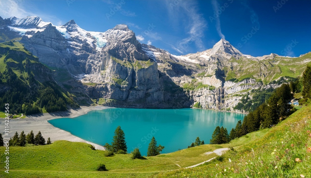 beautiful magical landscape with the lake oeschinensee in the swiss alps near adelboden switzerland europe beautiful magical landscape with the lake oeschinensee in the swiss alps near adelboden switzerland europe