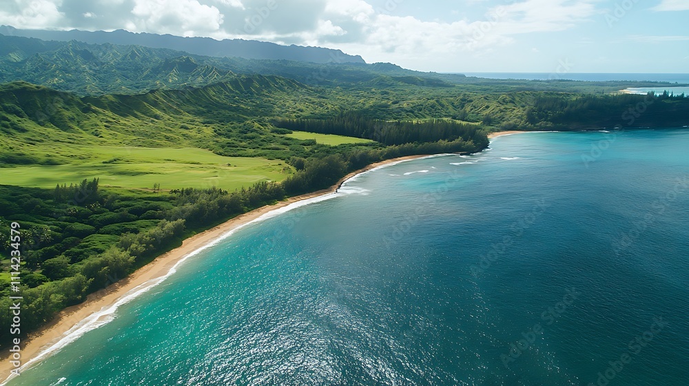Fototapeta premium Aerial view of a secluded beach with turquoise water, lush green hills, and a sandy shore.