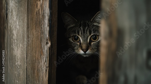 A scared tabby cat hiding under a wooden closet, peeking out cautiously photo