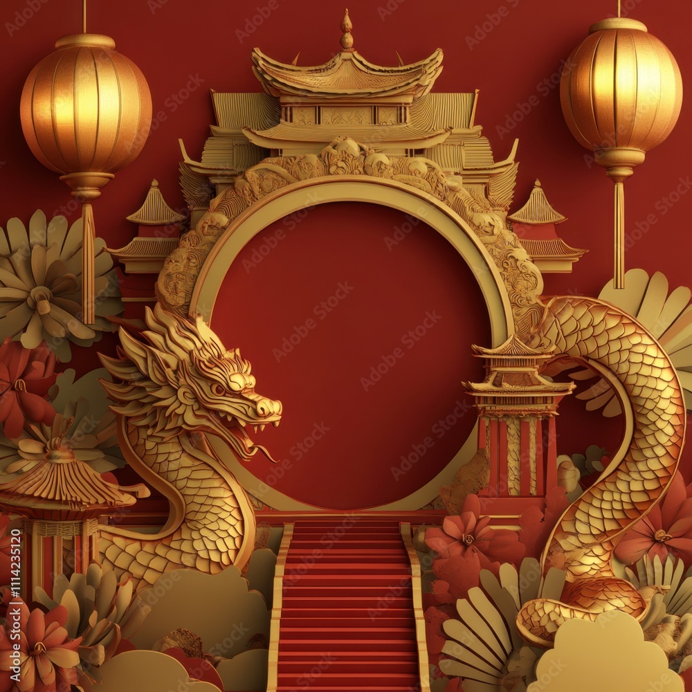 Golden Dragon and Chinese Architecture Festive Design for Lunar New Year Celebration Golden Dragon and Chinese Architecture Festive Design for Lunar New Year Celebration