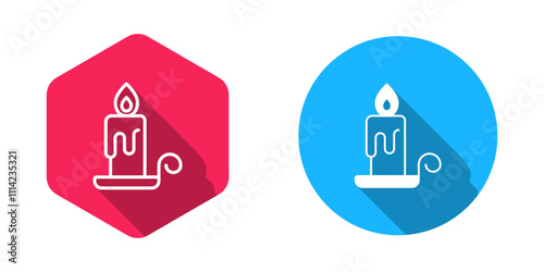Filled and outline Burning candle in candlestick icon isolated with long shadow background. Cylindrical candle stick with burning flame. Vector