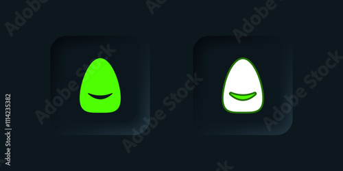 Green Pouf icon isolated on black background. Soft chair. Bag for the seat. Comfortable furniture armchair. Black square button. Vector