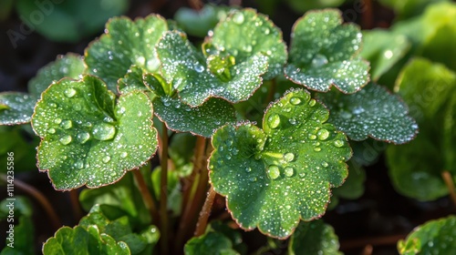 Close-up of fresh dew drops glistening on green leaves in the early morning sunlight.