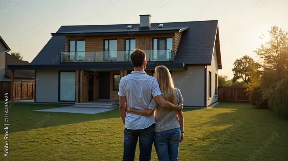 A couple is looking at their new modern home, backwards dolly shot A couple is looking at their new modern home, backwards dolly shot