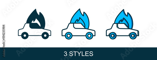 Filled outline Burning car icon isolated on white background. Car on fire. Broken auto covered with fire and smoke. Vector