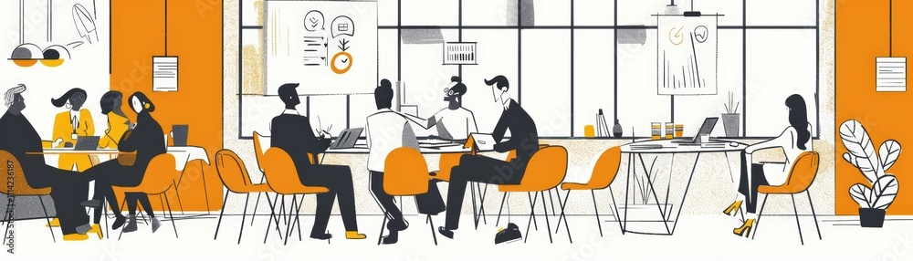 Cartoon depicting a business meeting held in a smart forest office Cartoon depicting a business meeting held in a smart forest office
