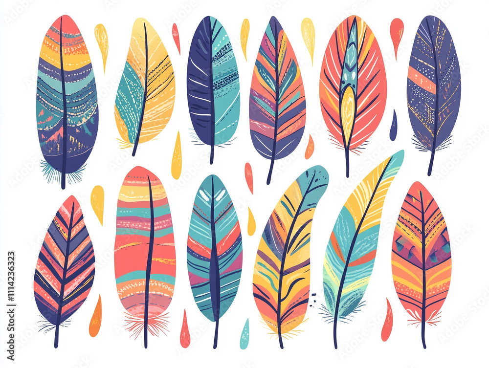 A colorful feather pattern with simple shapes and bold colors. A colorful feather pattern with simple shapes and bold colors.