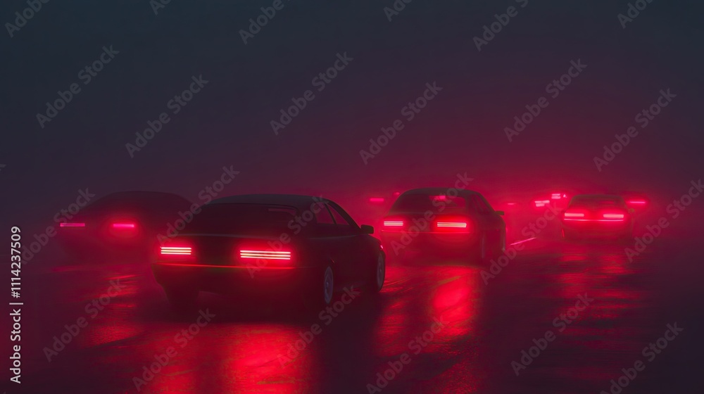 Cars stuck in traffic on a foggy road, with red taillights creating a glowing haze Cars stuck in traffic on a foggy road, with red taillights creating a glowing haze